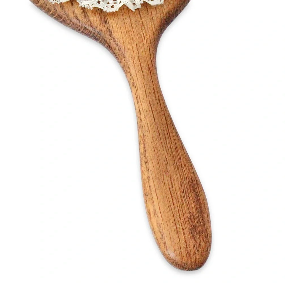 Vintage Hand Mirror Young Girl with Flowers Solid Wood Lace Victorian Revival
